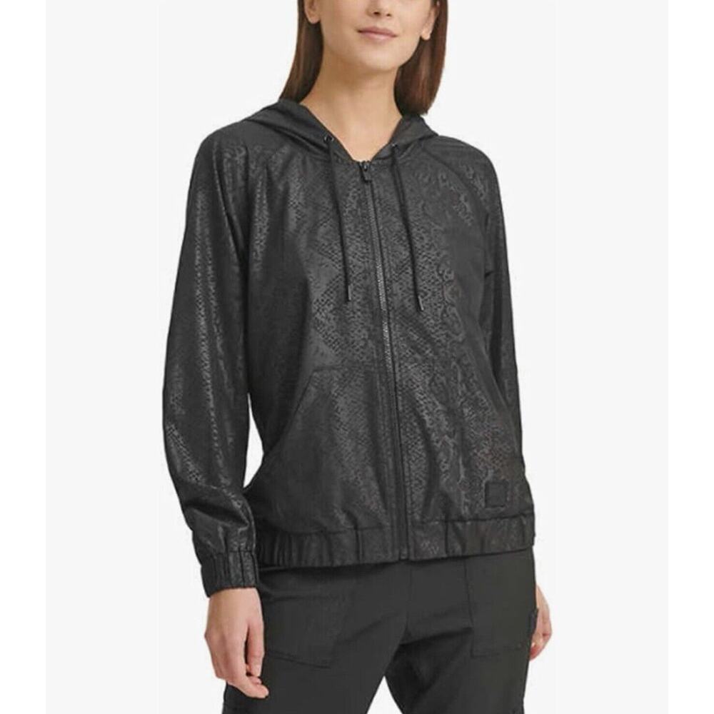 DKNY Sport Hooded Zip Jacket Black Snakeskin Print Mesh Lined XS Athleisure